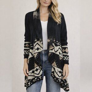 Filly Flair Aztec Waterfall Cardigan Western Boho Knit Sweater Black Cream Sz M